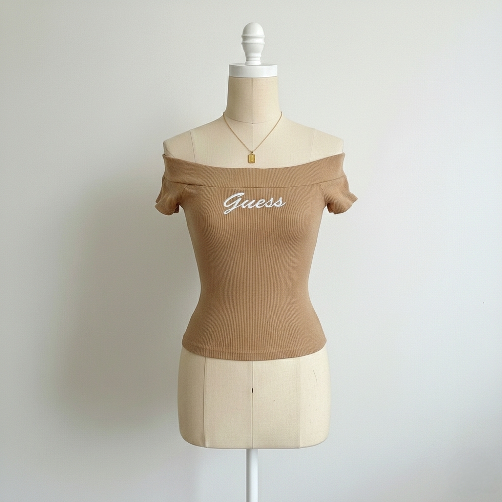 Guess Women's Tan Ribbed Off-Shoulder Top